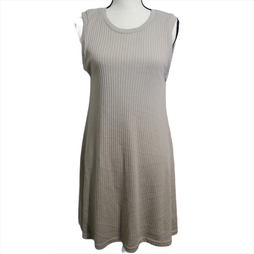 Umgee Ribbed Mini Dress‎ Sleeveless Casual Minimalist Crewneck Shift Beige